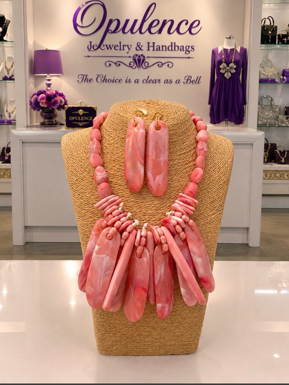Coral Marbled Statement Necklace & Earrings